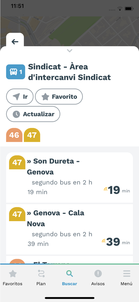 Tiempos de llegada de autobuses en tiempo real para la parada Sindicat en la App EMT Palma.
