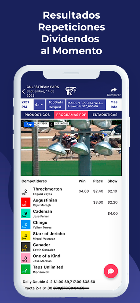 GRTV app displaying horse racing results and betting payouts in Spanish.