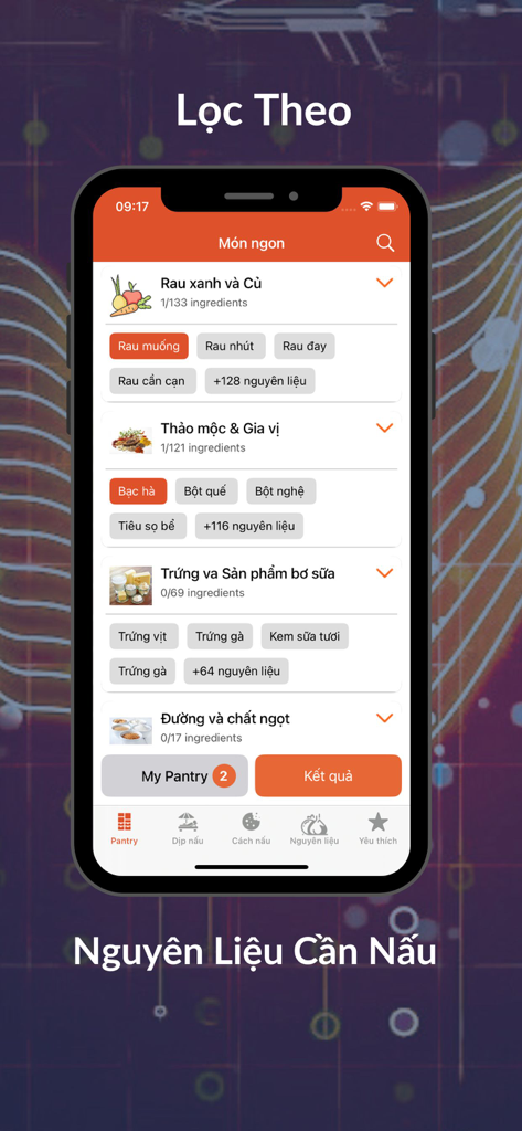Món Việt - Interface of the Mon Viet app showing categories for filtering recipes by available ingredients like vegetables, herbs, and spices.