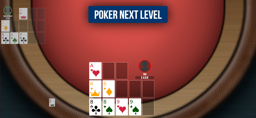 仮想の赤いテーブルで戦略的なカード配置を示す、オープンフェイス・チャイニーズポーカー・パイナップルのゲームプレイ画面