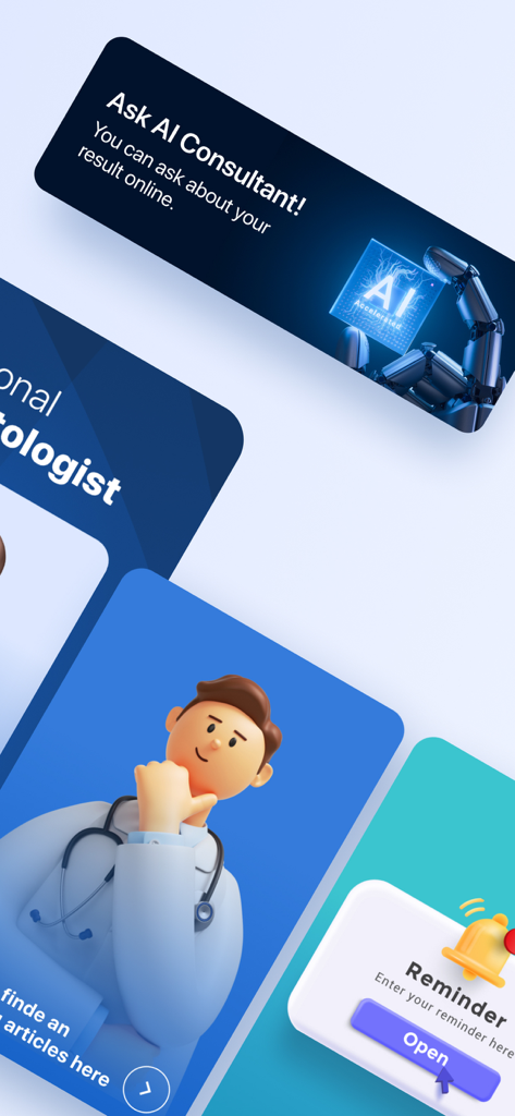 AI Dermatologist: Skin Scanner - Interface do aplicativo AI Dermatologist mostrando o chat do consultor de IA, um avatar de médico 3D e lembretes de escaneamento