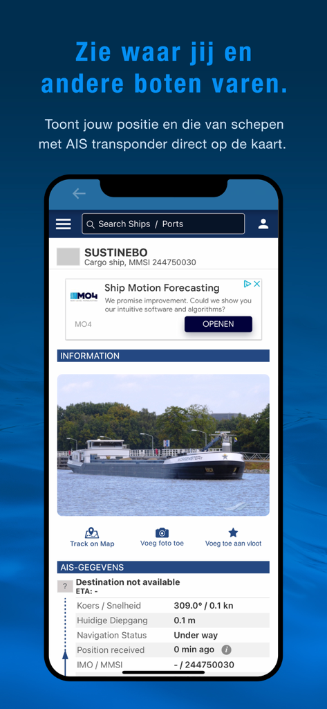 Vaarkaart Nederland - Vaarkaart Nederland App-Oberfläche zeigt AIS-Tracking und Schiffsinformationen für die sichere Navigation