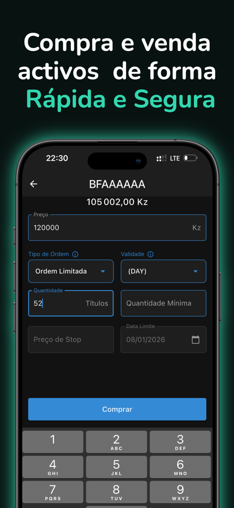 Lucrum Invest - Tela do celular do aplicativo Lucrum Invest mostrando uma ordem de compra de ativos na Bolsa de Valores de Angola