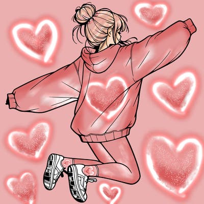 realistic girl jumping with a bun and oversized sweatshirt