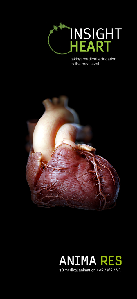 A detailed 3D model of a human heart on the INSIGHT HEART app splash screen