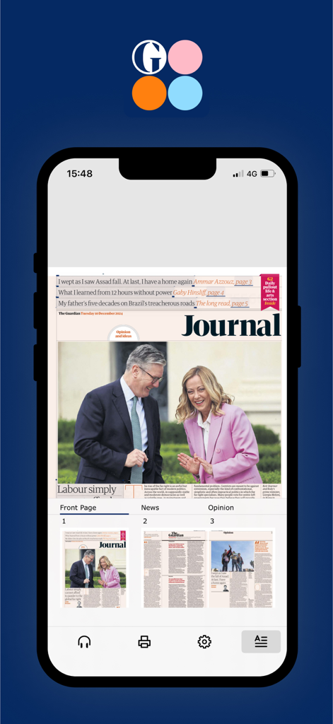 The Guardian Editions - La aplicación The Guardian Editions mostrando una réplica digital de la portada del periódico diario en un iPhone