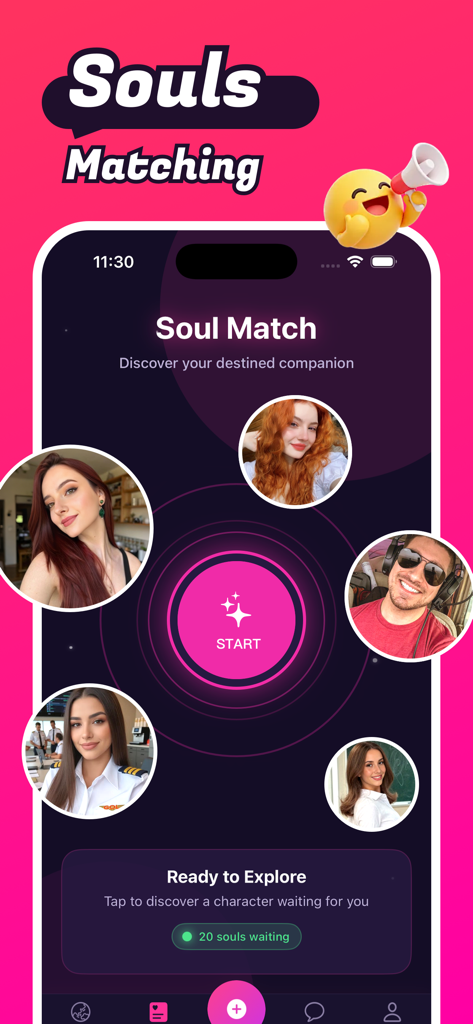 Pantalla de la aplicación Velvo mostrando la función Alma Gemela con varios avatares de personajes virtuales.