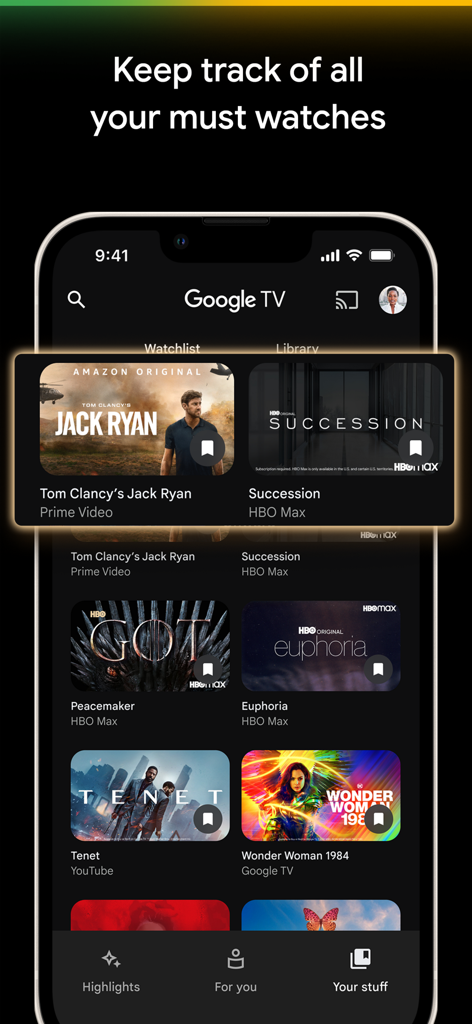 Tela do smartphone mostrando a lista de desejos universal do aplicativo Google TV com filmes e séries de vários serviços de streaming como Prime Video e HBO Max