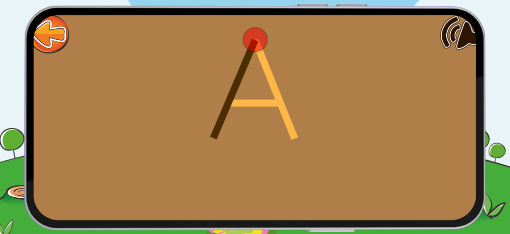 Trace draw letters and numbers - Educational mobile app interface showing a child tracing the uppercase letter A
