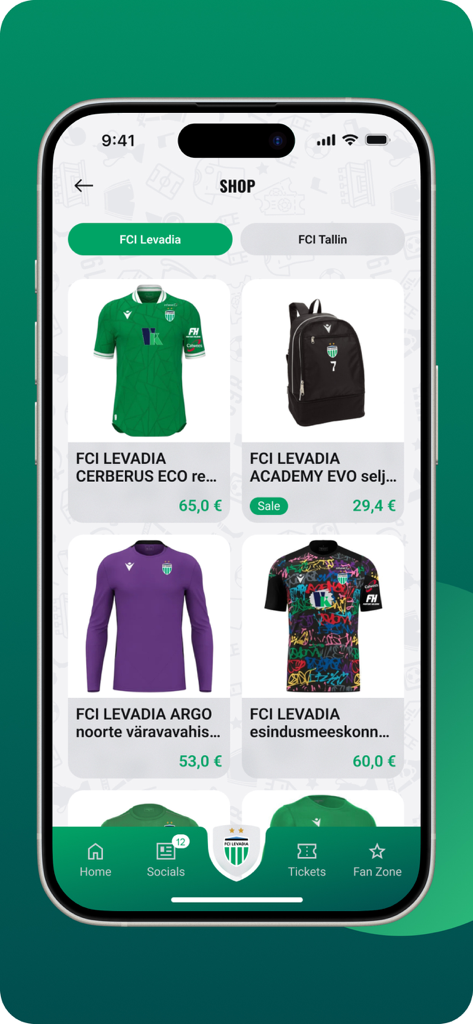 FCI Levadia - The official merchandise shop of the FCI Levadia app displaying team jerseys and accessories for fans.