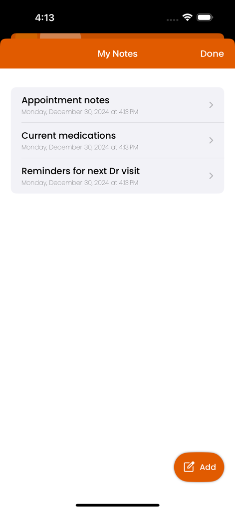 BCAN Bladder Cancer App - The My Notes screen in the BCAN app showing categories for appointment notes, current medications, and reminders for doctor visits.