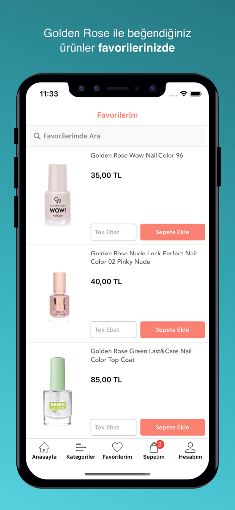 Golden Rose - Pantalla de favoritos de la aplicación móvil Golden Rose que muestra una lista de productos de esmalte de uñas con precios y botones para agregar al carrito.