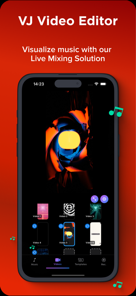 VJ Live Video FX & Beats Mixer - VJ Video Editor app displaying live music visualization and mixing controls