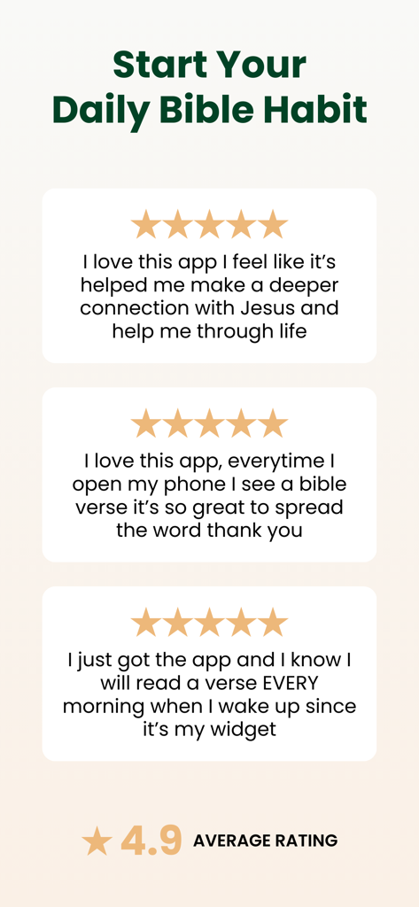 Daily Bible Verse Widget - User reviews and 4.9 average rating for the Daily Bible Verse Widget app showcasing positive testimonials and daily habit inspiration.