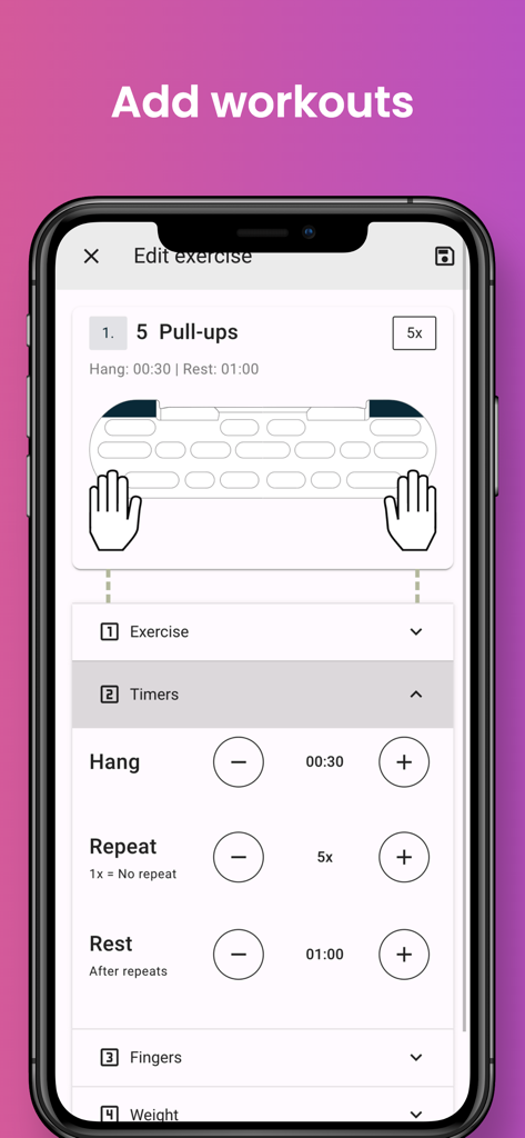 HangTime - Hangboard Training - Edit exercise screen for hangboard training showing timers and hand positions