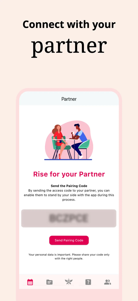 Rise, Period Tracker, Calendar - Rise app partner connection screen with a pairing code for cycle sharing