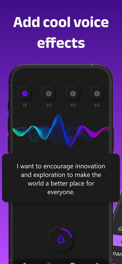 Interface of Change Voice app showing voice effect options and a colorful sound waveform