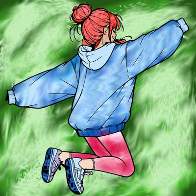 realistic girl jumping with a bun and oversized sweatshirt