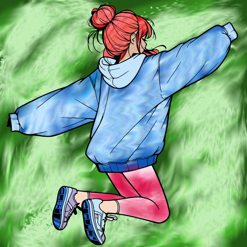 realistic girl jumping with a bun and oversized sweatshirt