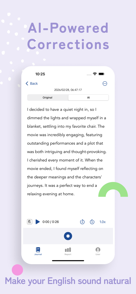 Lingualog - AI English Diary - Lingualog app screenshot showing AI-powered English diary corrections and a text-to-speech audio player.