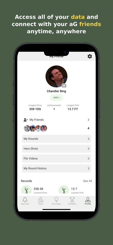 aG Locker - A screenshot of the aG Locker app user profile showing golf statistics and handicaps.