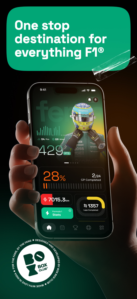 Box Box Club: Formula Widgets - A hand holding a smartphone displaying F1 driver stats and race progress in the Box Box Club app