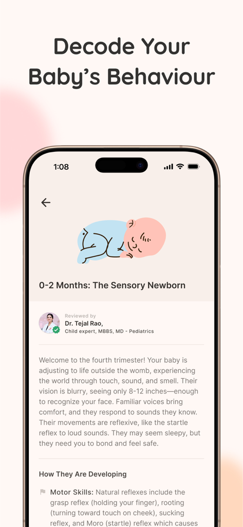 Coozy app interface showing developmental insights for newborns aged 0-2 months reviewed by a pediatric expert.