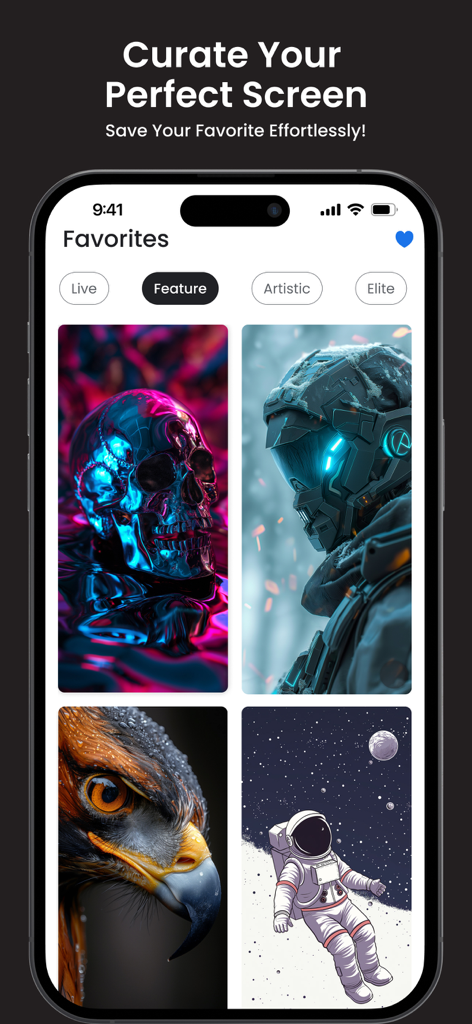 iPhone screen of the OMW app showing a curated gallery of favorite wallpapers including a neon skull and a futuristic astronaut.