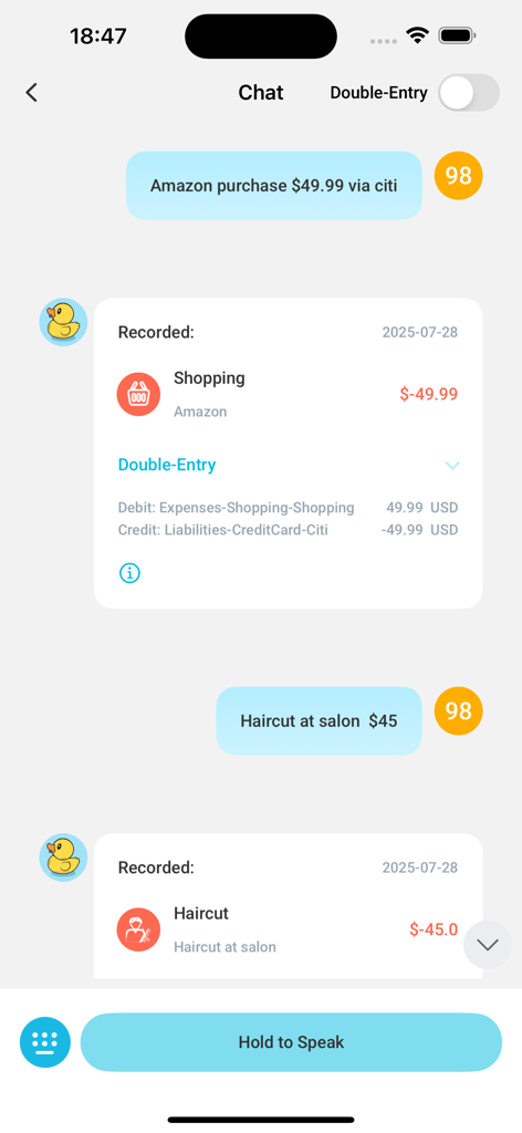 QuackBooks: AI Bookkeeper - Interfaz de chat de la aplicación móvil QuackBooks que muestra la IA registrando gastos a través de comandos de texto y voz con detalles de contabilidad de doble entrada.