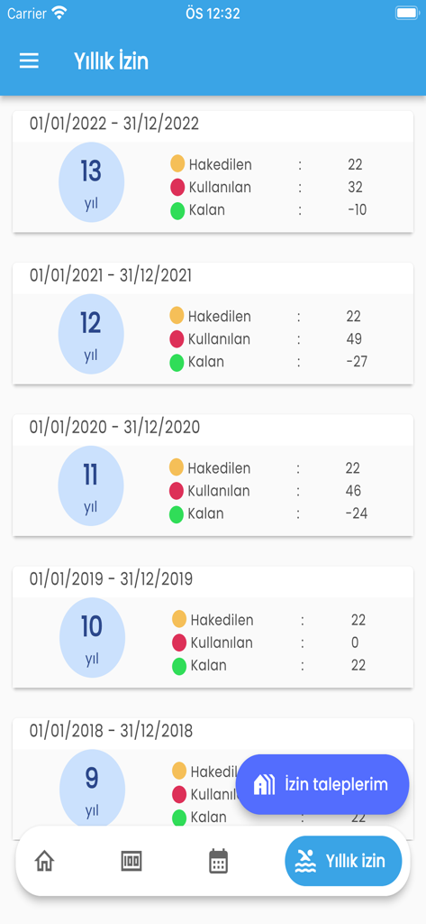 Historial de vacaciones anuales y pantalla de saldo en la aplicación móvil e-Nómina para Trabajadores