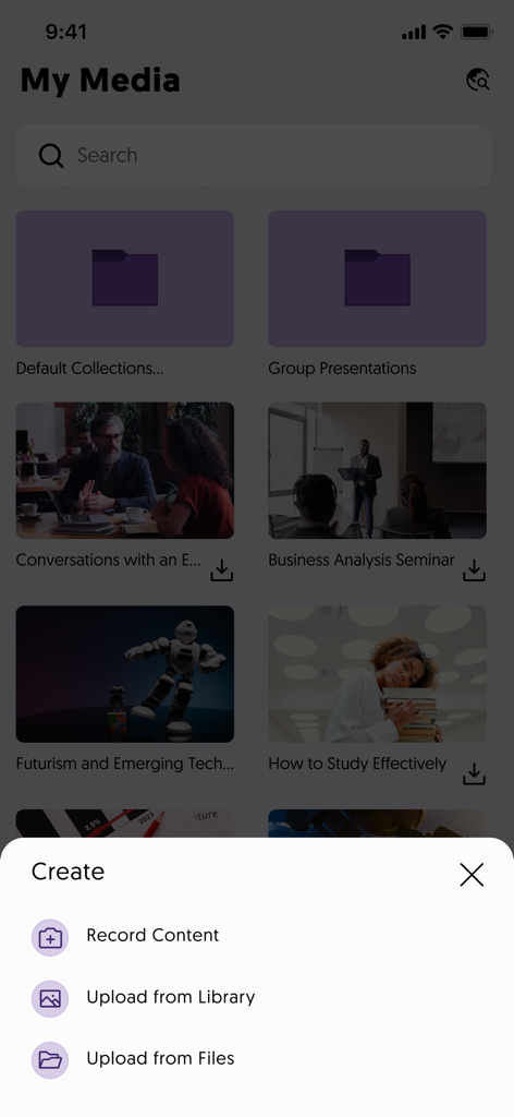 YuJa Lumina - Interface do aplicativo YuJa Lumina mostrando a galeria Meu Mídia e um menu pop-up com opções para gravar conteúdo ou fazer upload da biblioteca e arquivos.