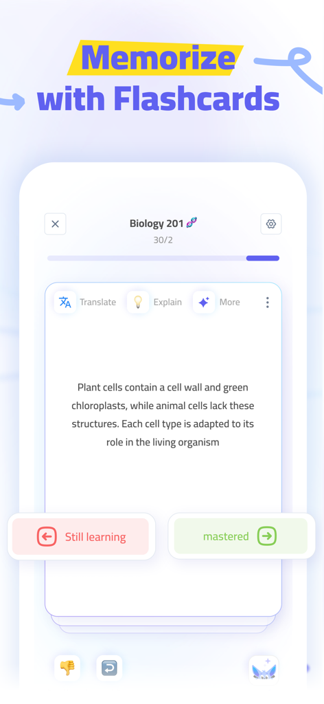 Bites: AI-Powered Studying! - Interfaz de la aplicación Bites que muestra una tarjeta de memoria de biología digital con recuerdo activo y herramientas de estudio de IA.