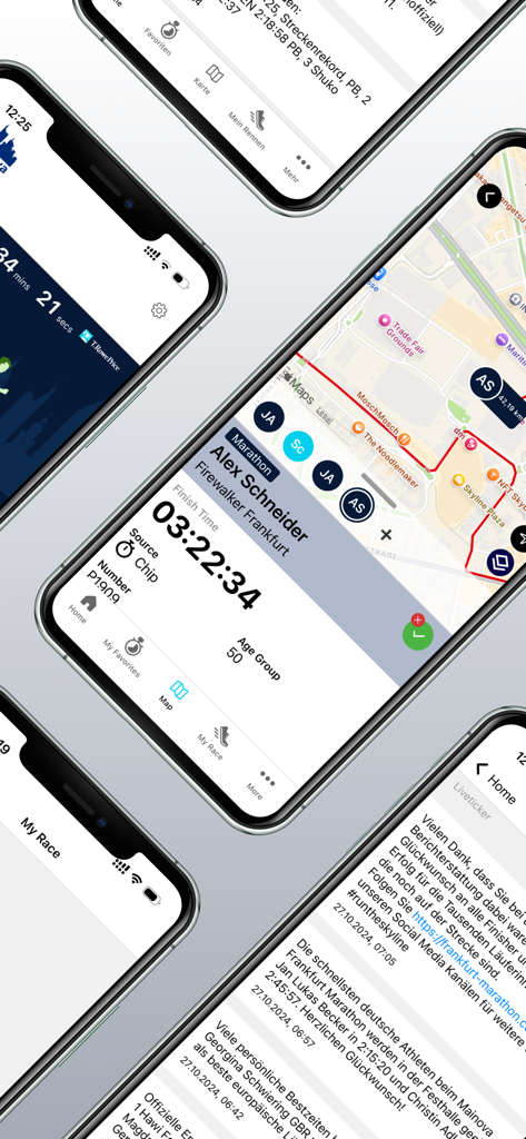 Mainova Frankfurt Marathon app interface showing runner tracking and race maps