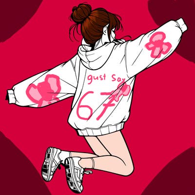 realistic girl jumping with a bun and oversized sweatshirt