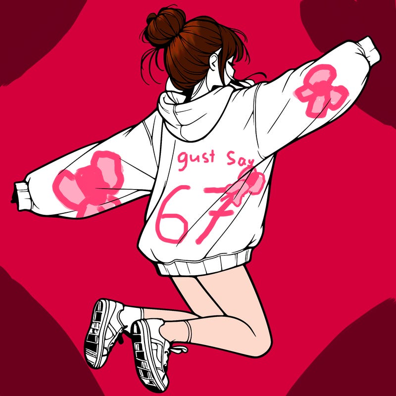 realistic girl jumping with a bun and oversized sweatshirt