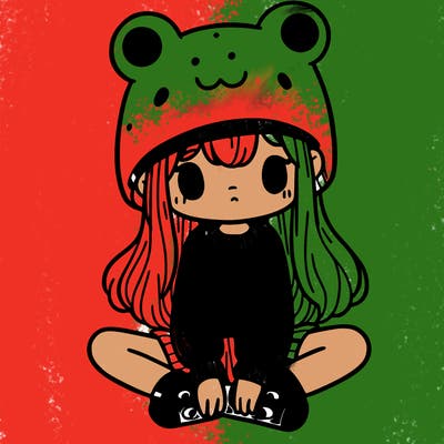 a girl wearing a frog hat and some frog socks
