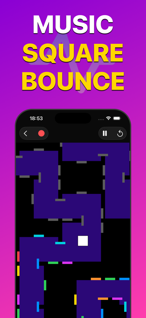A mobile screen showing the Music Square Bounce mode in the Ball Chaos app featuring a white square moving through colorful maze paths.