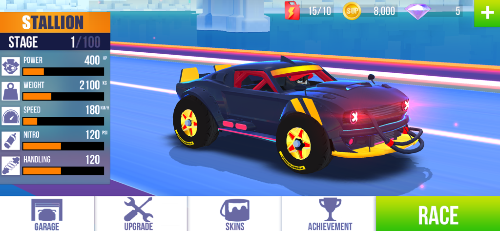 SUP Multiplayer Racing - Vista del garage dell'auto Stallion che mostra le statistiche delle prestazioni in SUP Multiplayer Racing