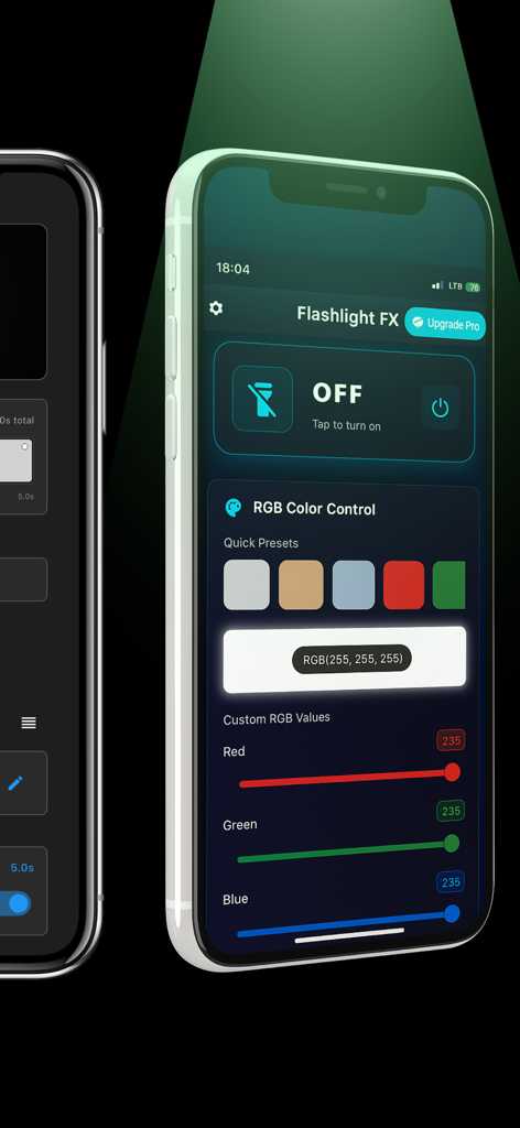 Color Flashlight - ScreenFlash - Color Flashlight ScreenFlashアプリのインターフェース。RGBスライダーとカラープリセットが表示されています。