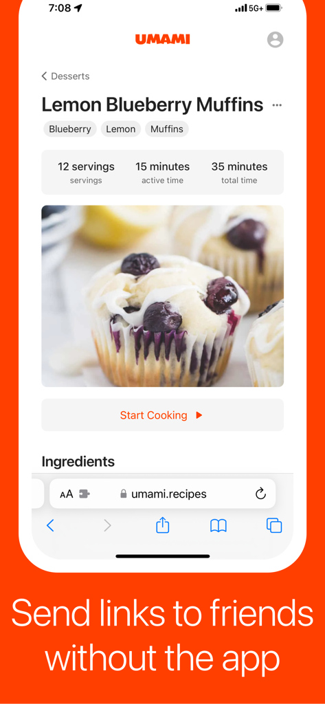 Umami app interface showing a recipe for lemon blueberry muffins with a feature to share web links with friends