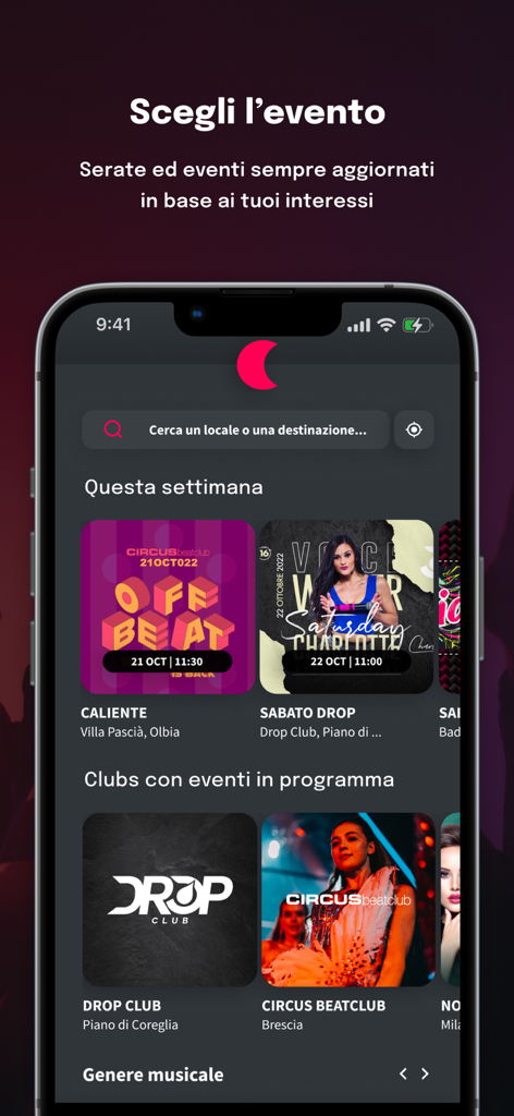 A mobile app interface displaying a selection of upcoming nightlife events and local clubs
