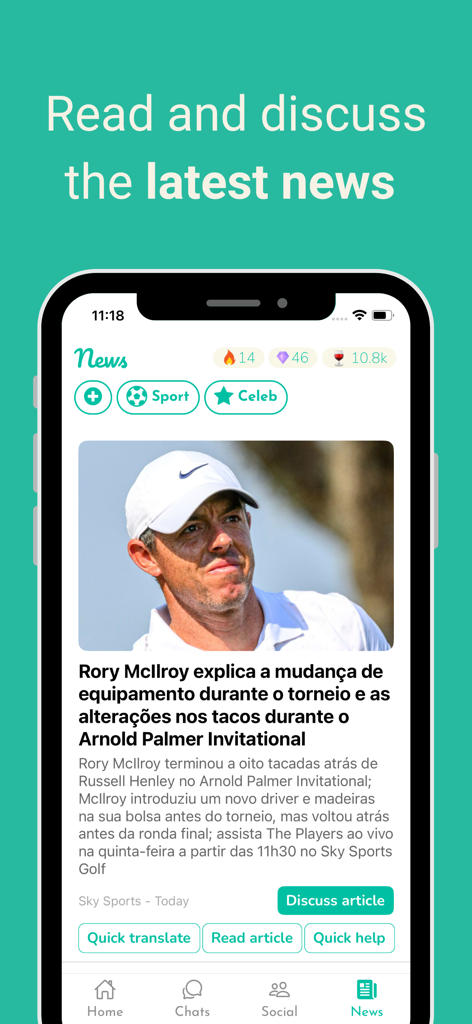 Sylvi app interface for reading and discussing news in a target language