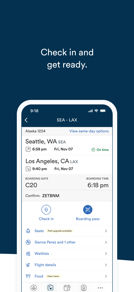 アラスカ航空アプリの画面。シアトルからロサンゼルスへのフライト詳細が表示され、チェックインと搭乗券のオプションがあります。