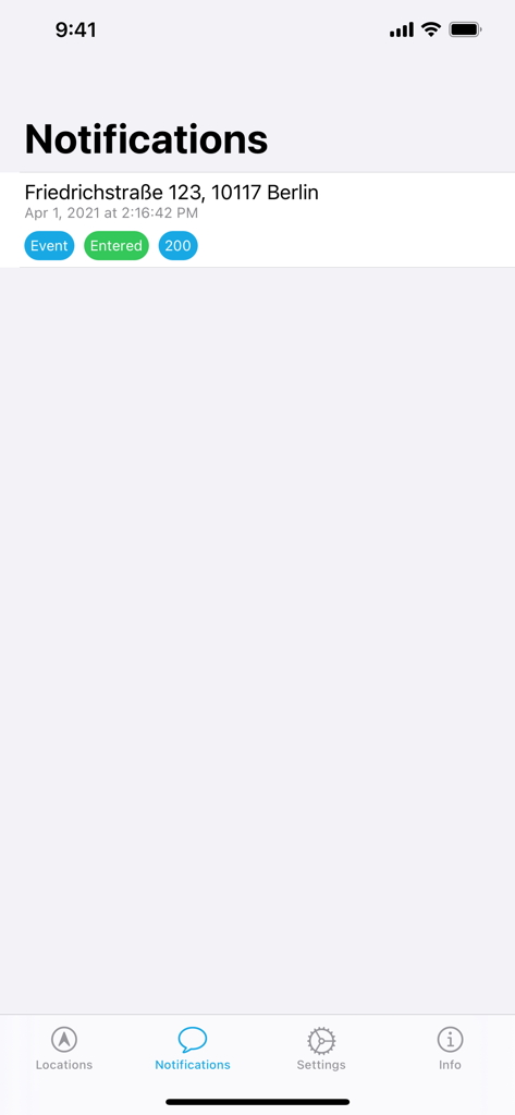Locative: Geofence and Beacon - Locative app notifications log showing a successful geofence entry event with an HTTP 200 status code