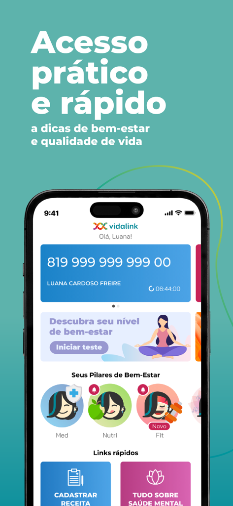 Vidalink - Vidalinkモバイルアプリのホーム画面。健康の柱とウェルネスのカテゴリが表示されています。