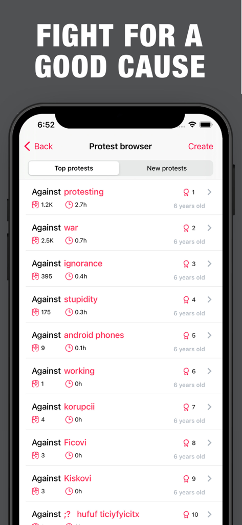 시위 브라우저 화면에서 사회적 대의 목록과 트렌드 시위를 보여주는 iProtest 모바일 앱