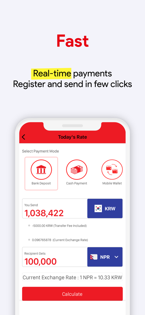GME Remit - Interfaccia dell'app GME Remit che mostra tassi di trasferimento di denaro internazionali in tempo reale e opzioni di pagamento