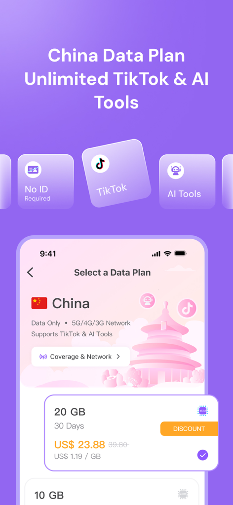 Textr eSIM: Travel Mobile Data - Textr eSIM app screen showing a China travel data plan with unlimited TikTok support and no ID required.