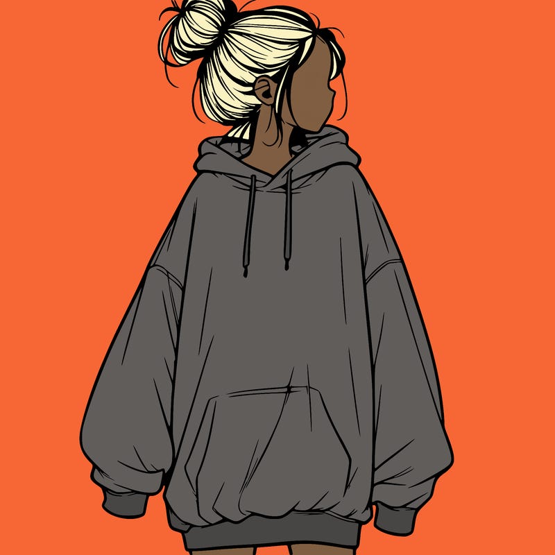 realistic girl with a oversized sweatshirt on and a bun