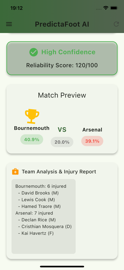 PredictaFootIA - PredictaFoot AI app screen showing football match probabilities and team injury reports for Bournemouth versus Arsenal
